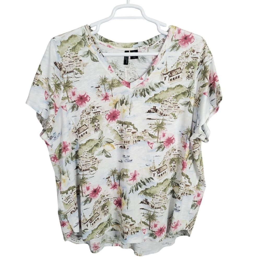 Cynthia Rowley Size 3X Shirt Island Village Tropical Tee Pullover Tunic Cotton